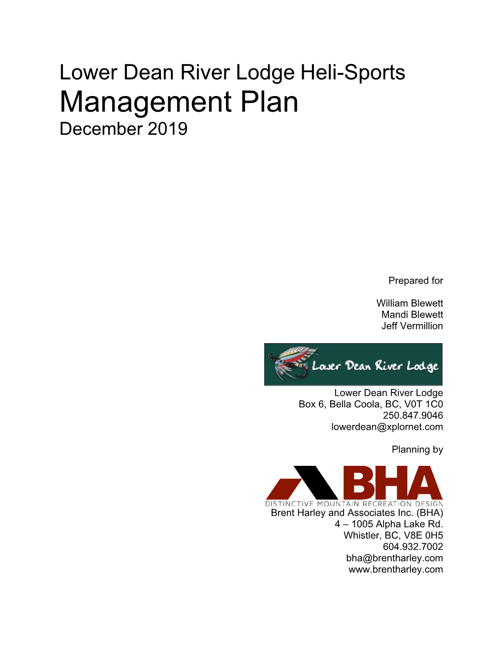 Lower Dean River Lodge Heli-Sports Management Plan December 2019