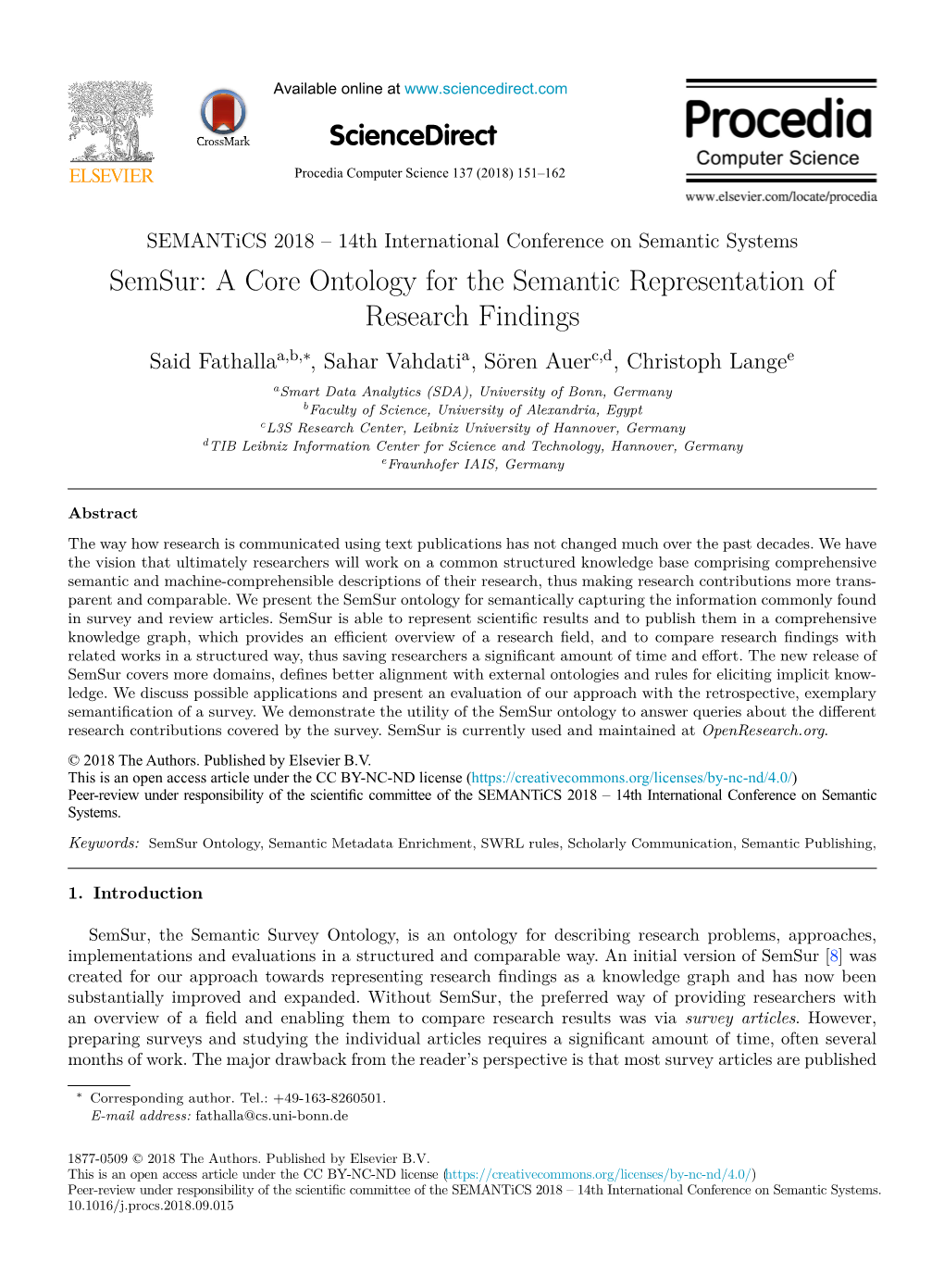 A Core Ontology for the Semantic Representation of Research