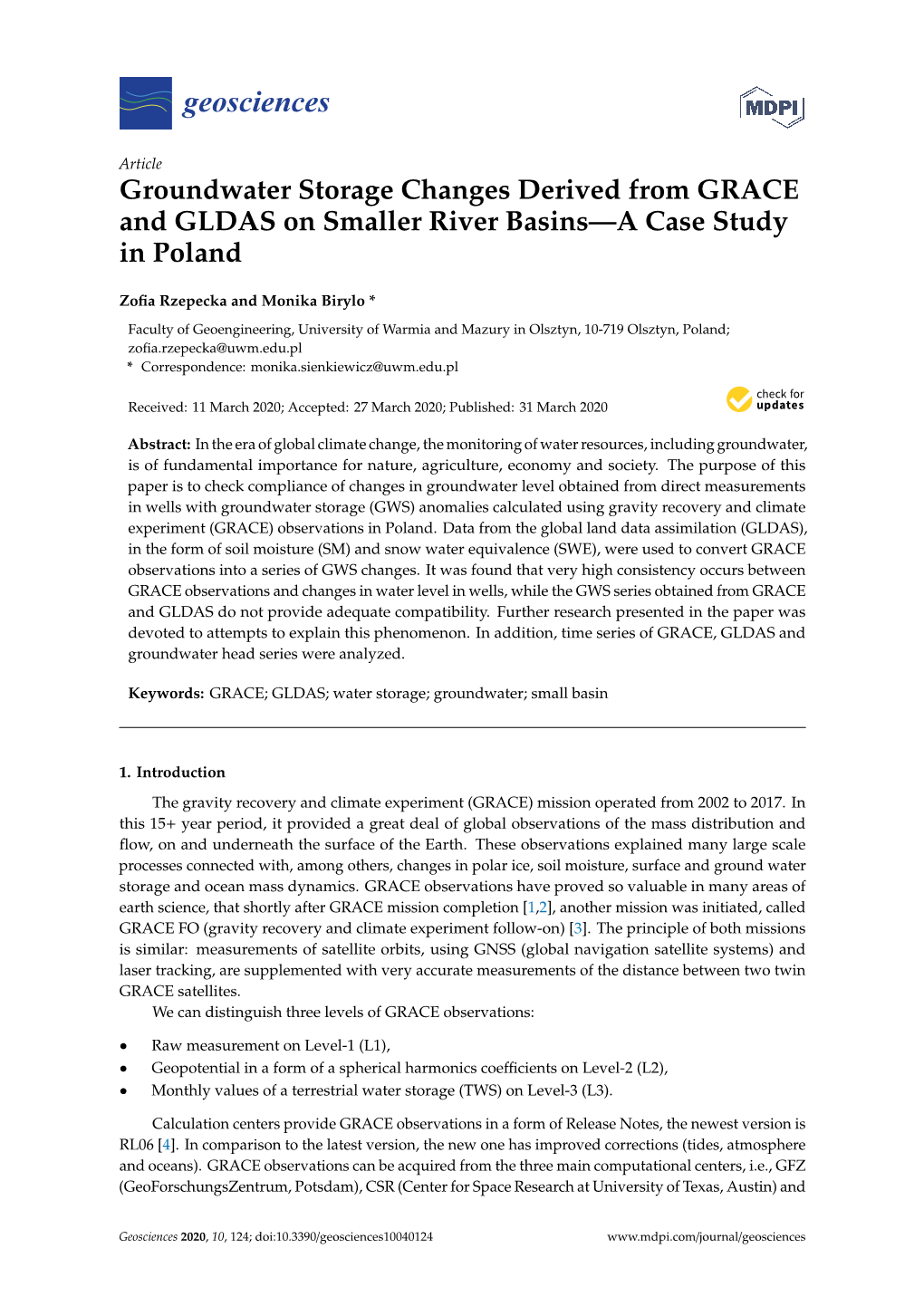 Groundwater Storage Changes Derived from GRACE and GLDAS on Smaller River Basins—A Case Study in Poland