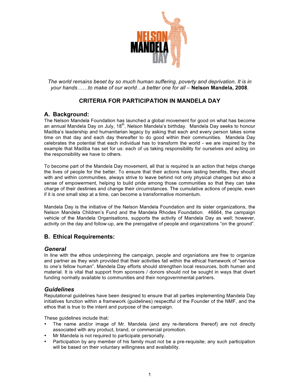 CRITERIA for PARTICIPATION in MANDELA DAY A. Background: B