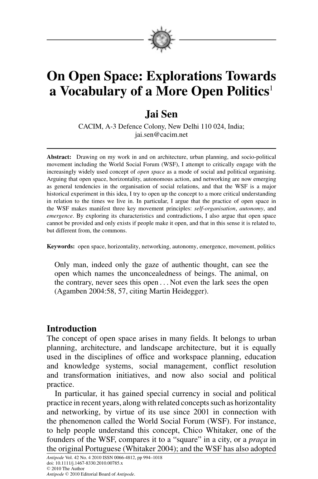 On Open Space: Explorations Towards a Vocabulary of a More Open Politics1