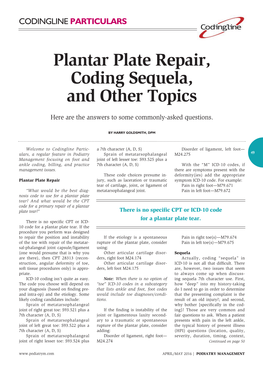 Plantar Plate Repair, Coding Sequela, and Other Topics