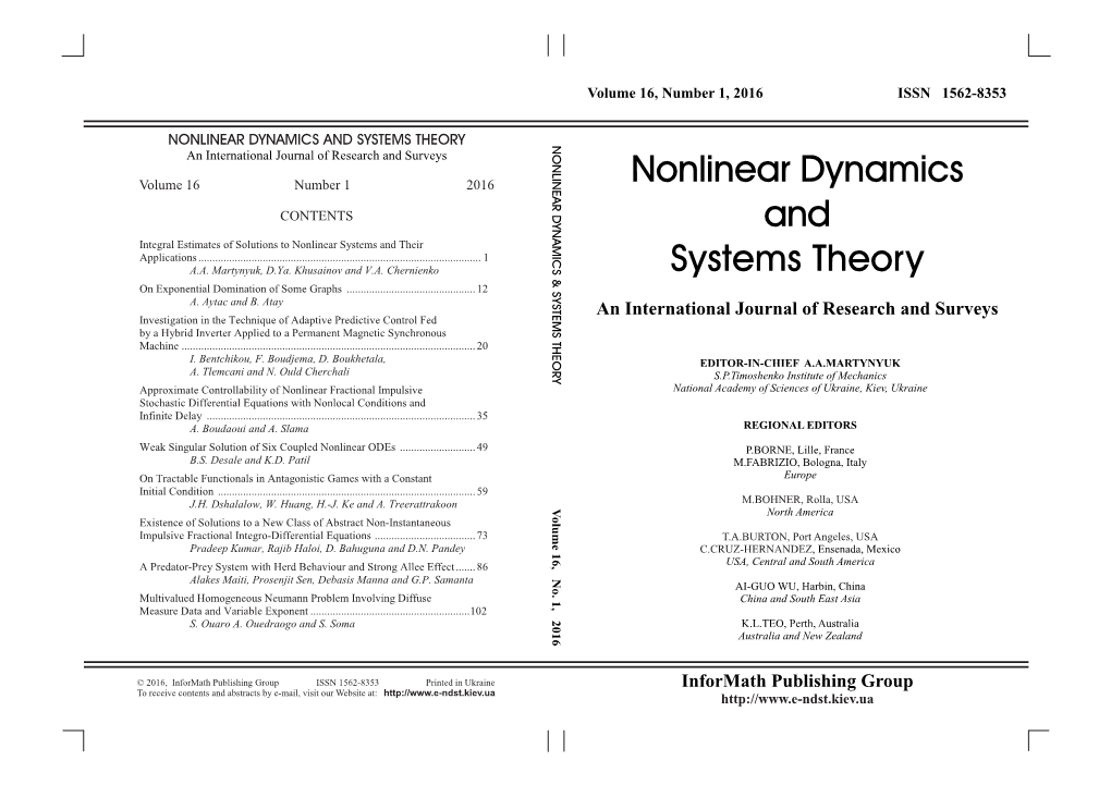 NONLINEAR DYNAMICS and SYSTEMS THEORY NONLINEAR D an International Journal of Research and Surveys Nonlinear Dynamics Volume 16 Number 1 2016
