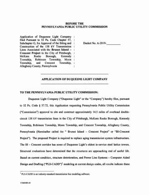 Application of Duquesne Light Company Filed Pursuant to 52 Pa