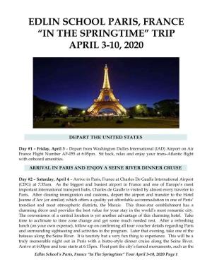 Edlin School Paris, France “In the Springtime” Trip April 3-10, 2020