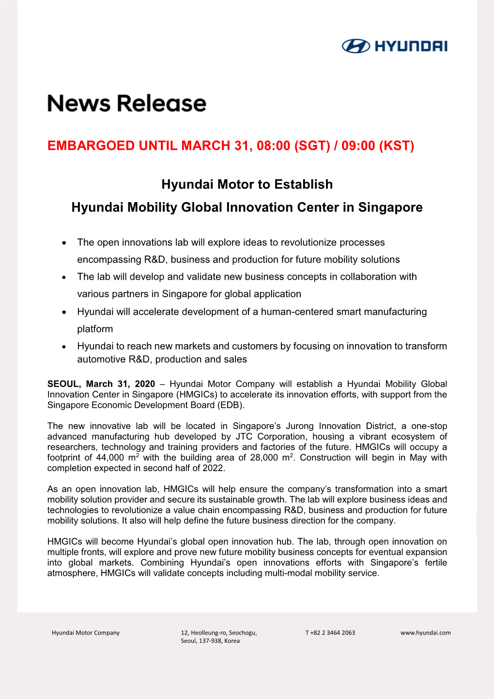 Hyundai Motor to Establish Hyundai Mobility Global Innovation Center in Singapore