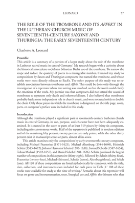 The Role of the Trombone and Its Affekt in the Lutheran Church Music of Seventeenth-Century Saxony and Thuringia: the Early Seventeenth Century