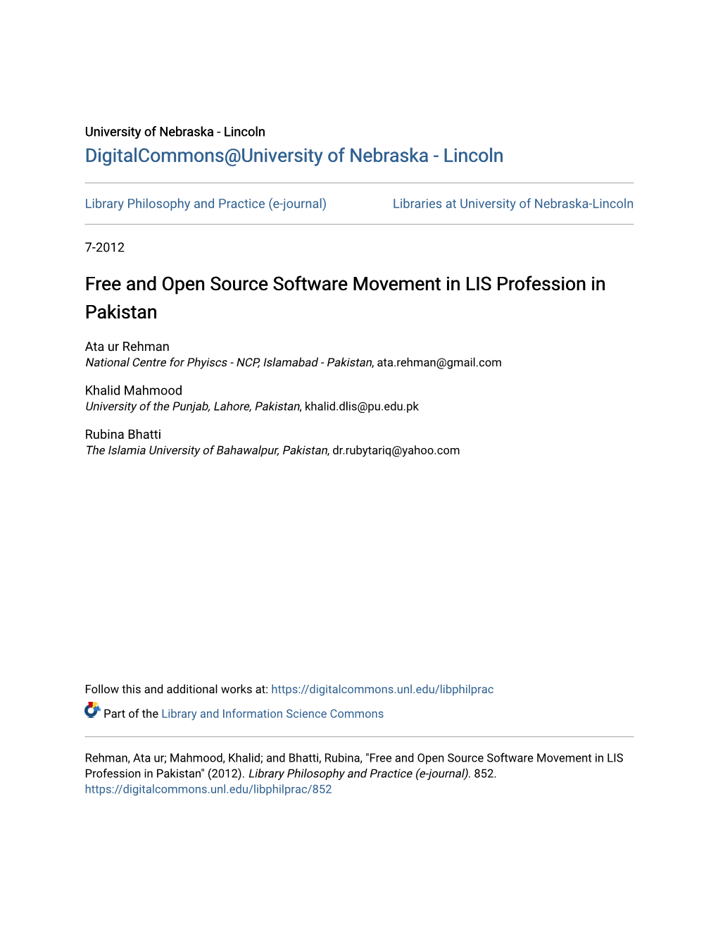 Free and Open Source Software Movement in LIS Profession in Pakistan