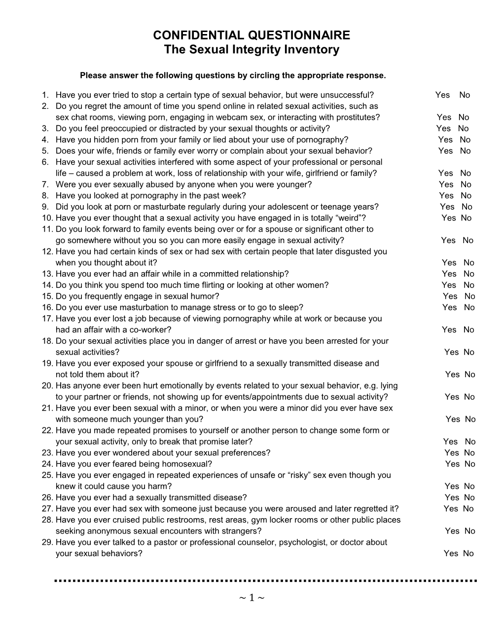 CONFIDENTIAL QUESTIONNAIRE the Sexual Integrity Inventory