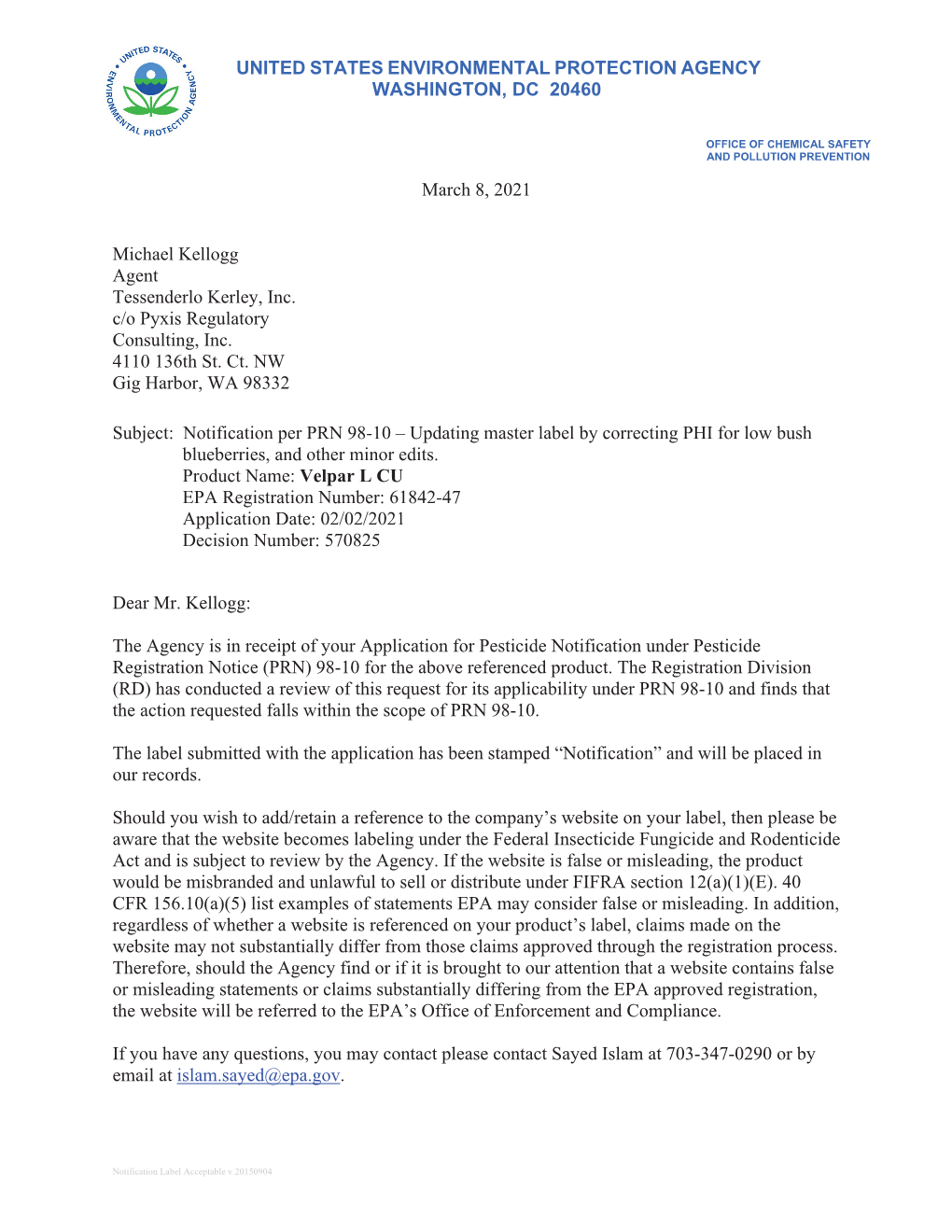 US EPA, Pesticide Product Label, VELPAR L CU,03/08/2021