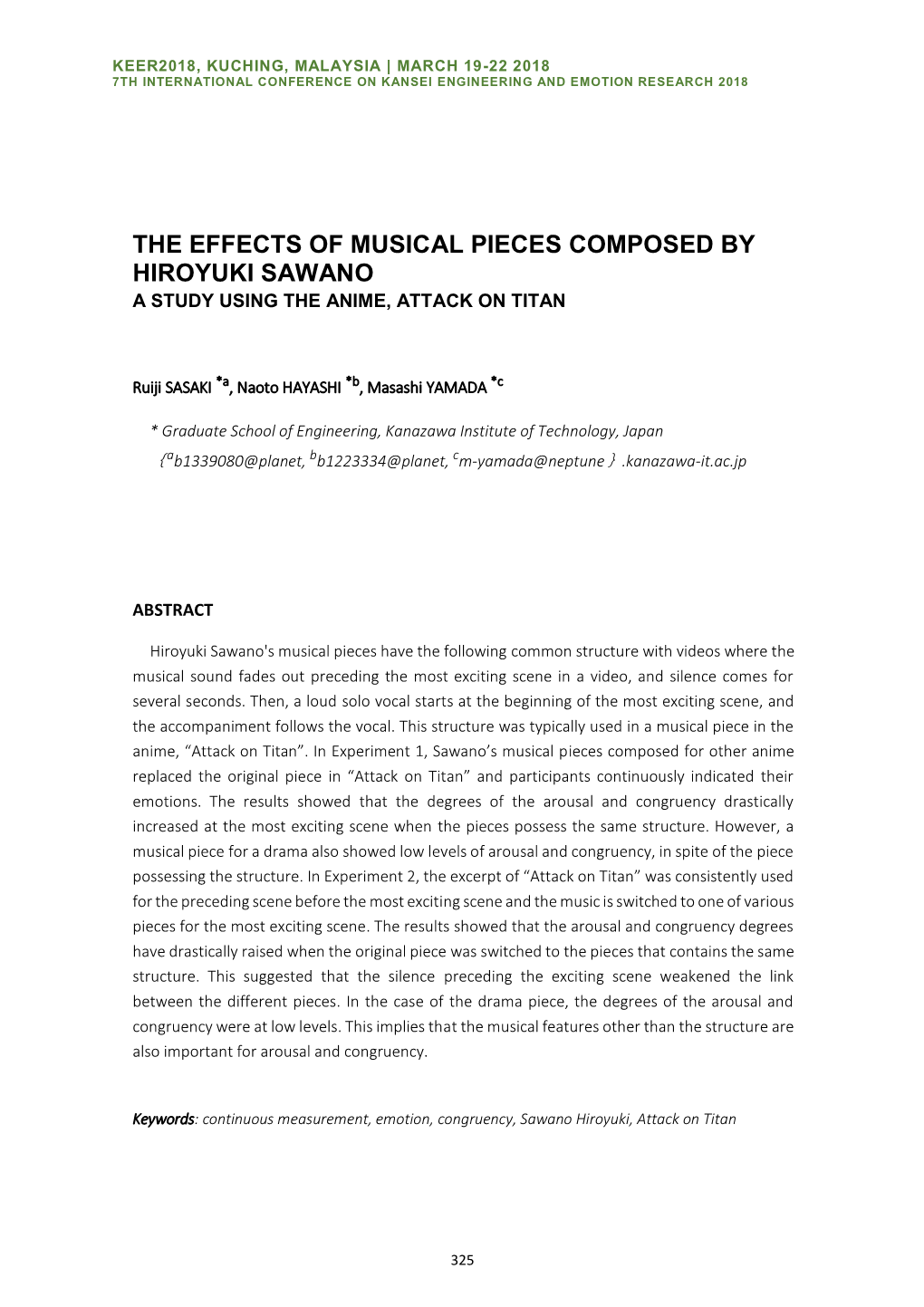 The Effects of Musical Pieces Composed by Hiroyuki Sawano a Study Using the Anime, Attack on Titan