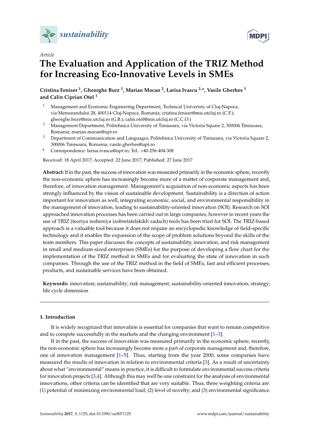 The Evaluation and Application of the TRIZ Method for Increasing Eco-Innovative Levels in Smes