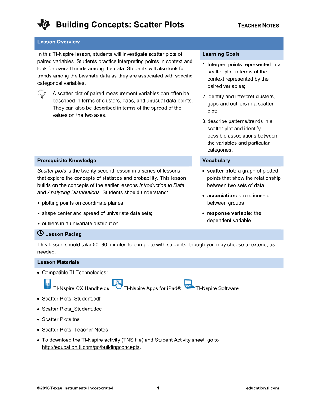 Scatter Plots TEACHER NOTES