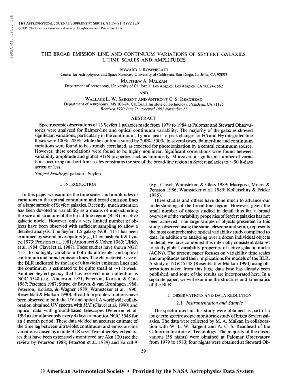 LO the Astrophysical Journal Supplement Series, 81:59-81, 1992 July © 1992