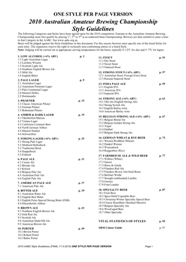 2010 Australian Amateur Brewing Championship Style Guidelines the Following Categories and Styles Have Been Agreed Upon for the 2010 Competition