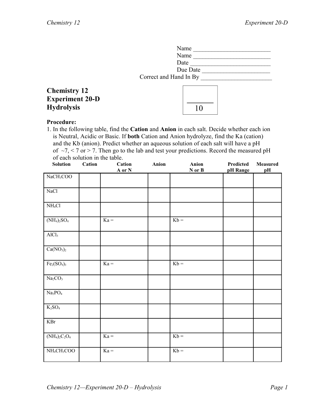 Chemistry 12 Experiment 20-D