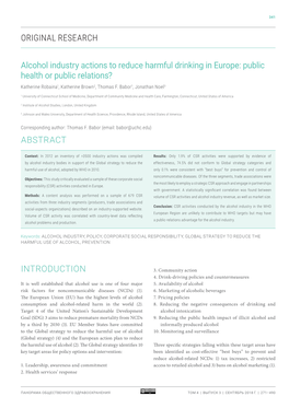 Alcohol Industry Actions to Reduce Harmful Drinking in Europe: Public Health Or Public Relations? Katherine Robaina1, Katherine Brown2, Thomas F