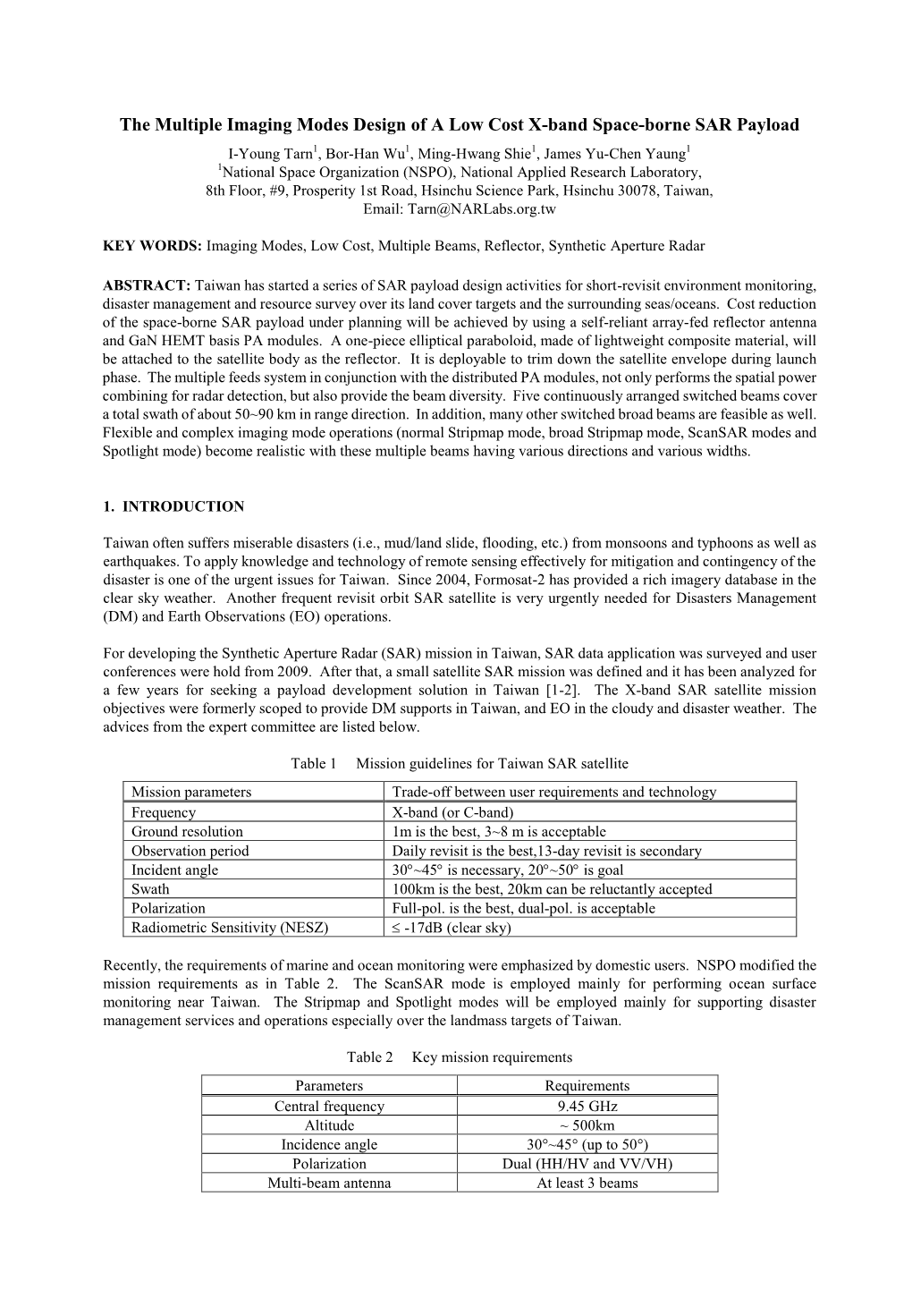 The Multiple Imaging Modes Design of a Low Cost X-Band Space-Borne