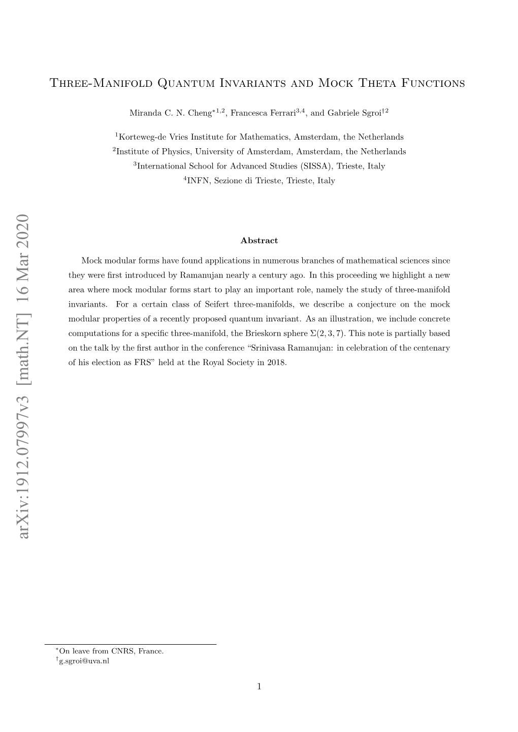 Arxiv:1912.07997V3 [Math.NT] 16 Mar 2020