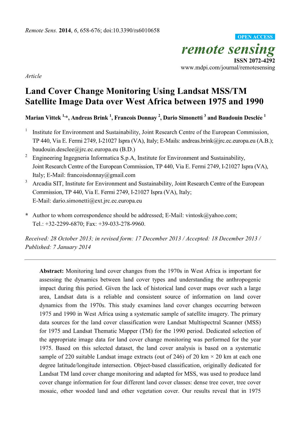 Land Cover Change Monitoring Using Landsat MSS/TM Satellite Image Data Over West Africa Between 1975 and 1990