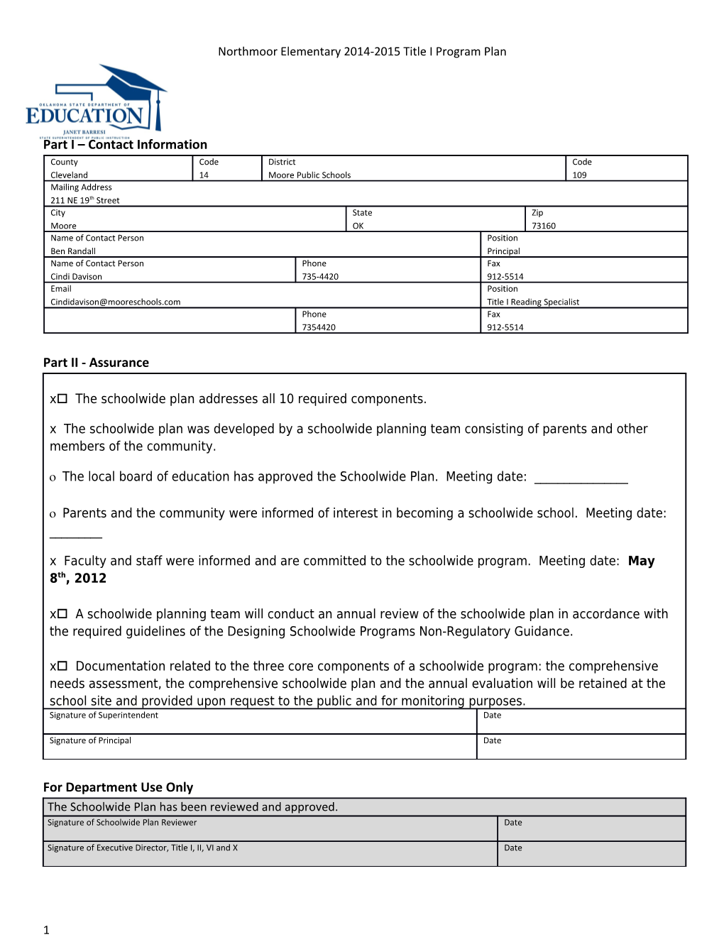 Northmoor Elementary 2014-2015 Title I Program Plan