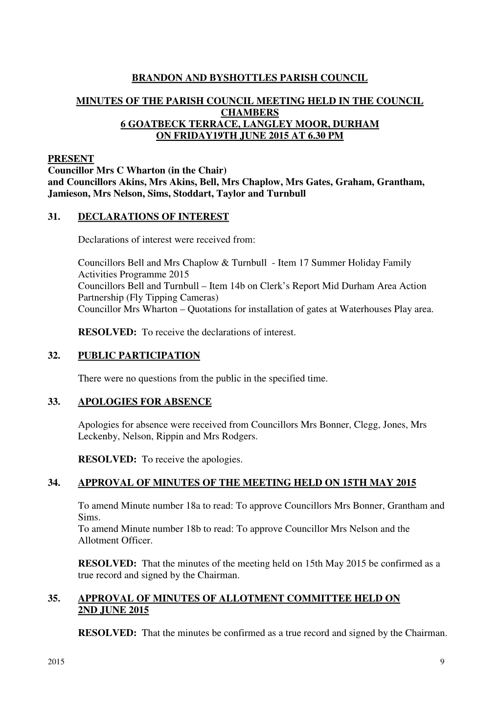 Brandon and Byshottles Parish Council Minutes Of