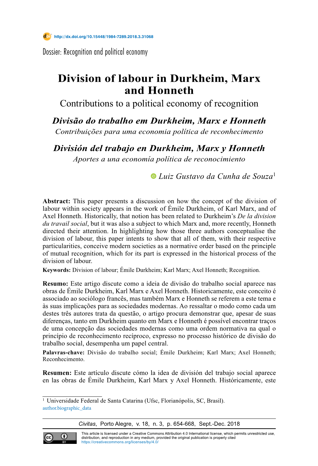 Division of Labour in Durkheim, Marx and Honneth