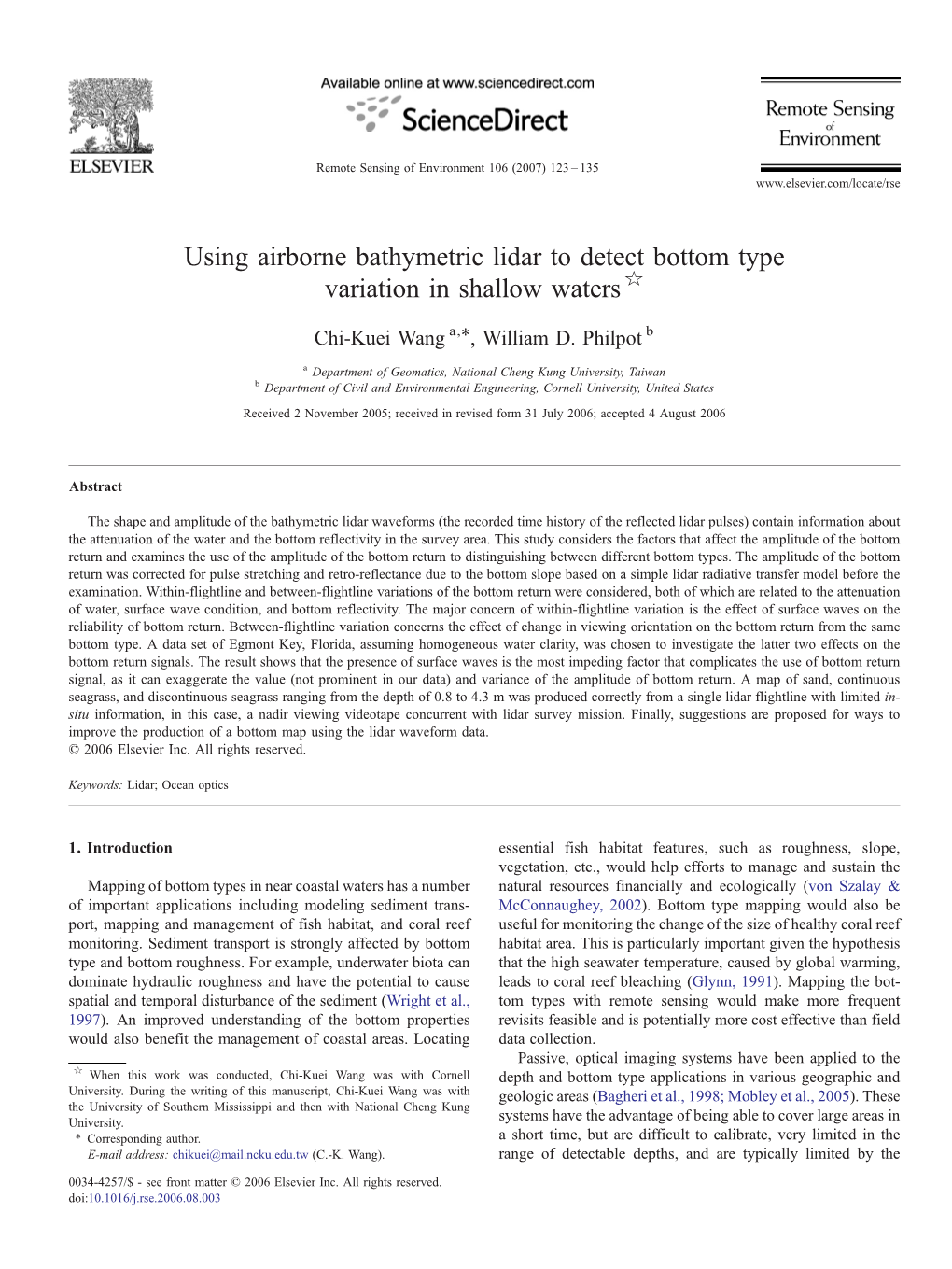 Using Airborne Bathymetric Lidar to Detect Bottom Type Variation in Shallow Waters ☆ ⁎ Chi-Kuei Wang A, , William D