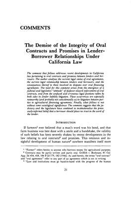 COMMENTS the Demise of the Integrity of Oral Contracts And