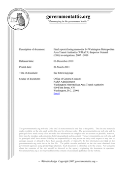 Final Report/Closing Memo for 14 Washington Metropolitan Area Transit Authority (WMATA) Inspector General (OIG) Investigations, 2007 - 2010