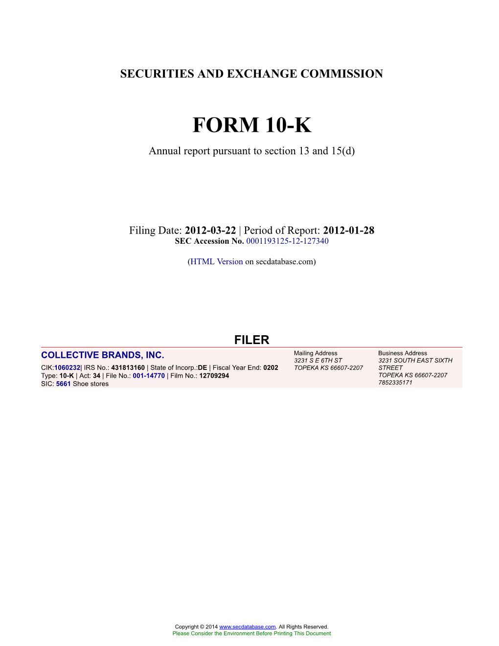 COLLECTIVE BRANDS, INC. Form 10-K Annual Report Filed 2012-03-22