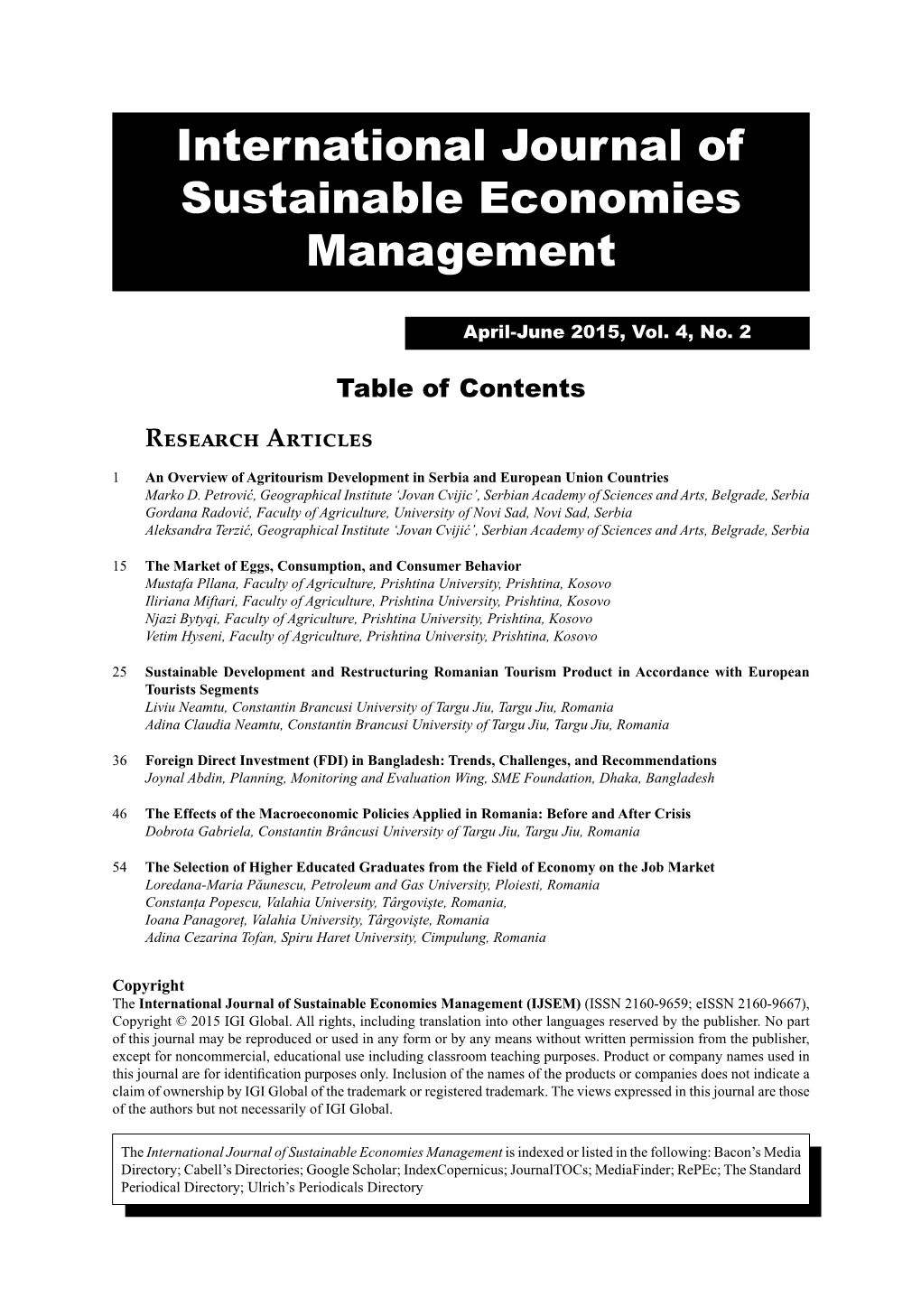 International Journal of Sustainable Economies Management