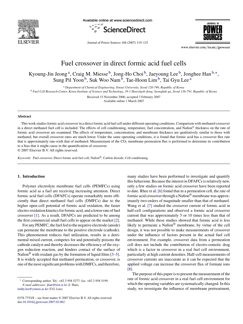 Fuel Crossover in Direct Formic Acid Fuel Cells Kyoung-Jin Jeong A, Craig M