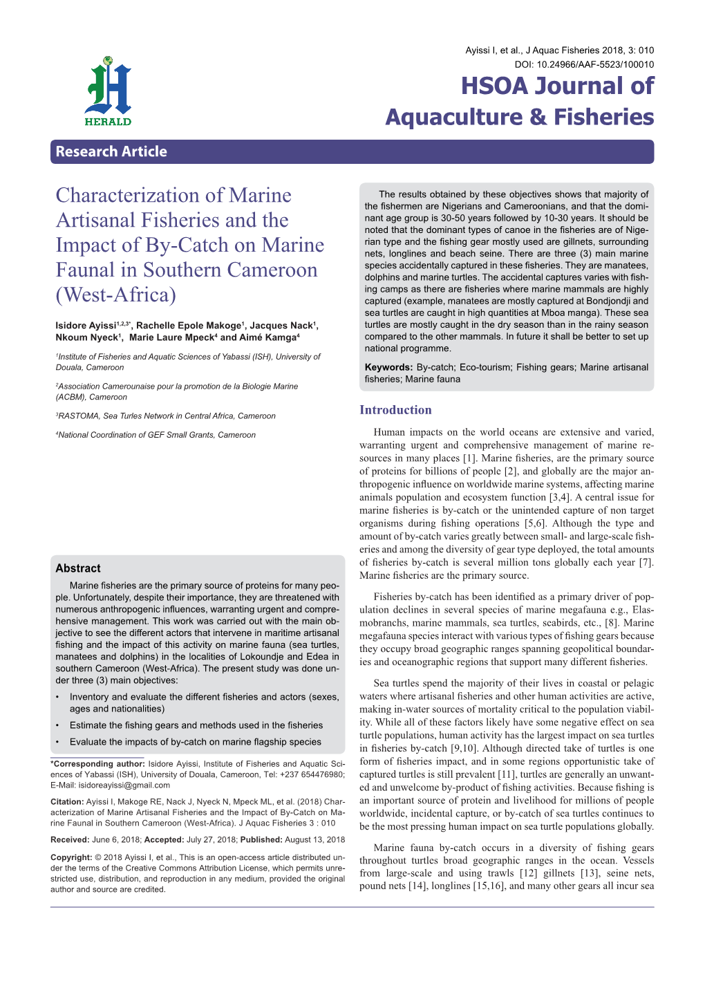 Characterization of Marine Artisanal Fisheries and the Impact of By-Catch on Marine Faunal in Southern Cameroon (West-Africa)