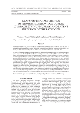 Leaf Spot Characteristics of Phomopsis Durionis on Durian (Durio Zibethinus Murray) and Latent Infection of the Pathogen