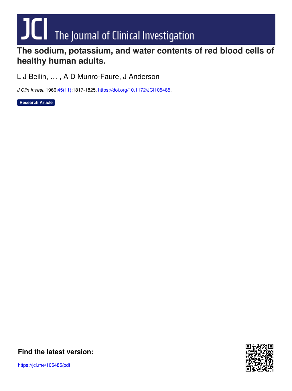 The Sodium, Potassium, and Water Contents of Red Blood Cells of Healthy Human Adults