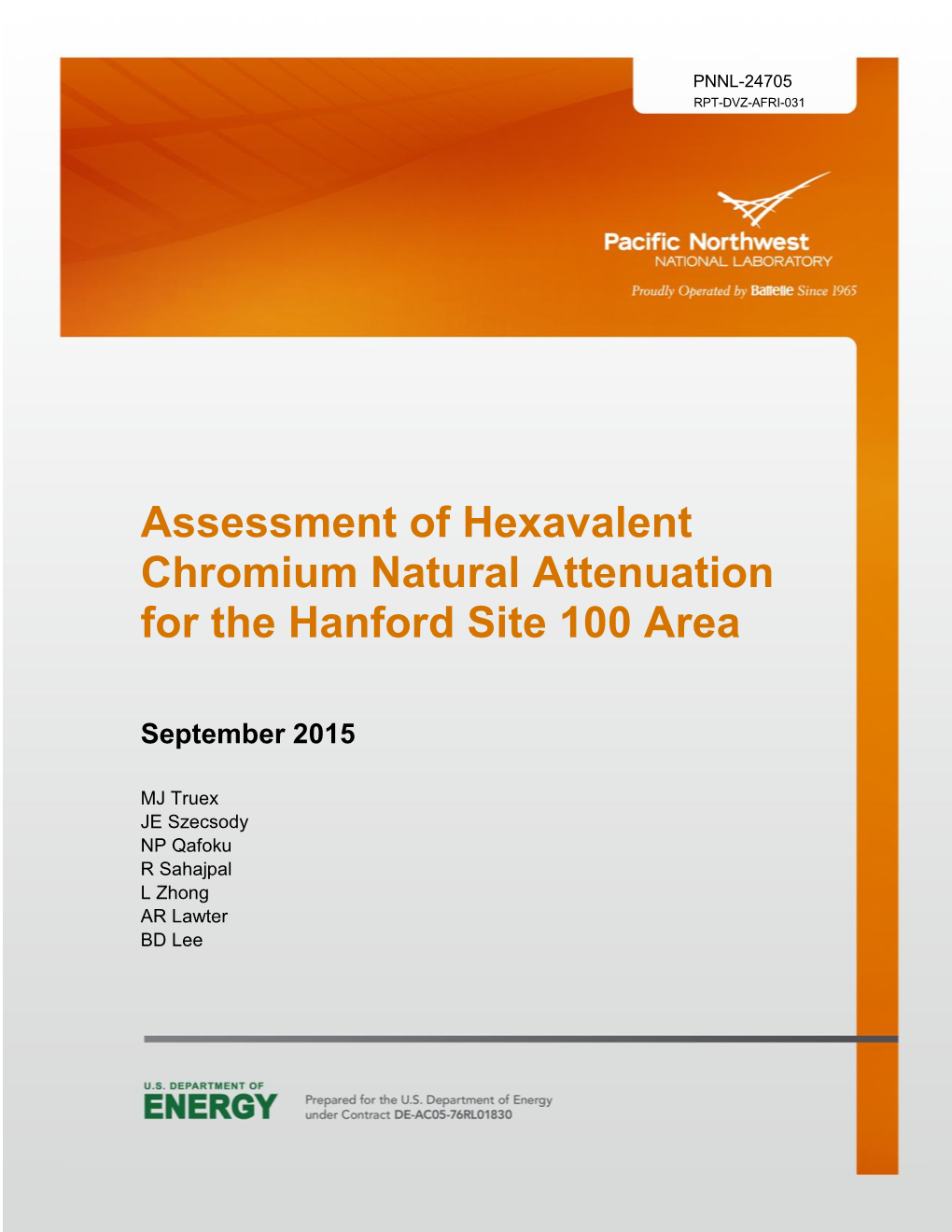 Assessment of Hexavalent Chromium Natural Attenuation for the Hanford Site 100 Area