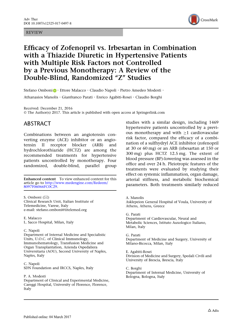 Efficacy of Zofenopril Vs. Irbesartan in Combination with a Thiazide Diuretic in Hypertensive Patients with Multiple Risk Factor