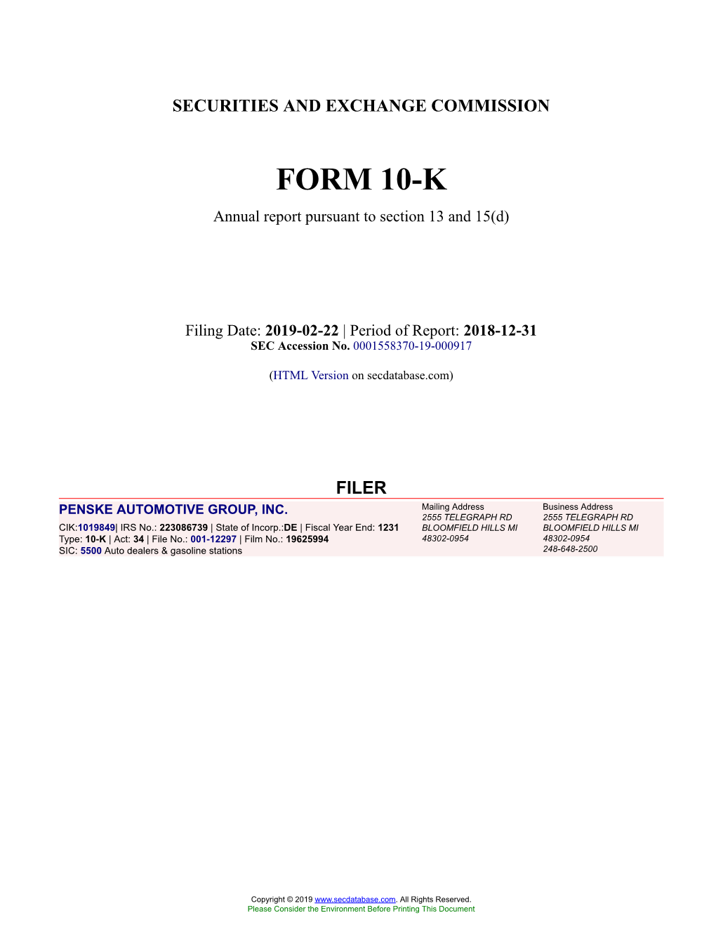 PENSKE AUTOMOTIVE GROUP, INC. Form 10-K Annual Report