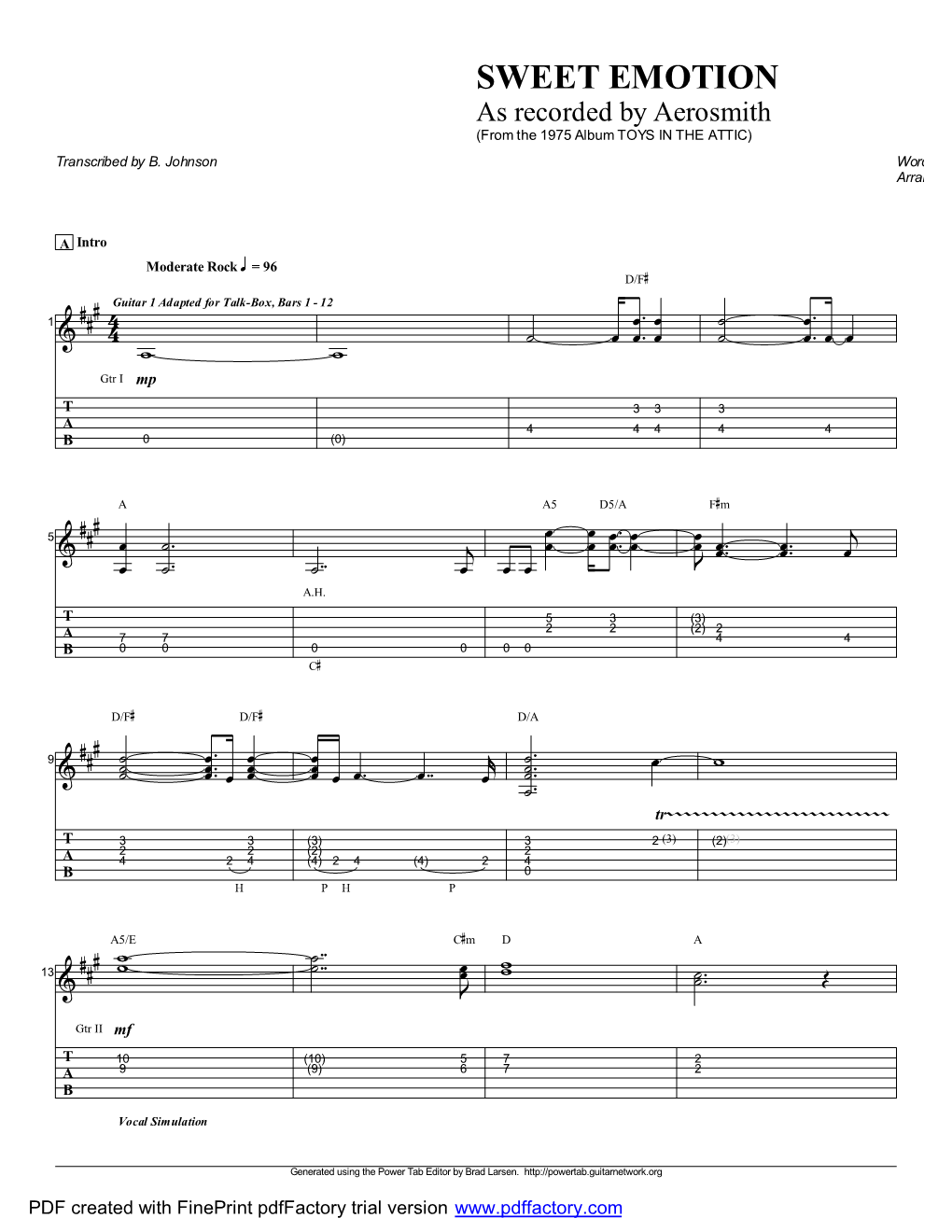 SWEET EMOTION As Recorded by Aerosmith (From the 1975 Album TOYS in the ATTIC) Transcribed by B