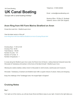 Avon Ring from Hill Farm Marina Stratford on Avon | UK Canal Boating