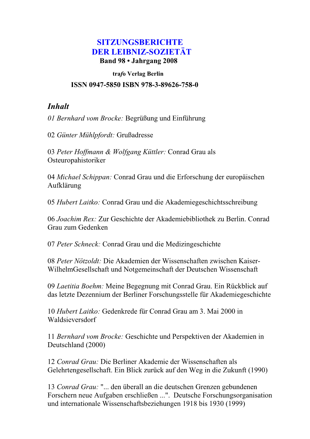 Sitzungsberichte Der Leibniz-Sozietät, Jahrgang 2008, Band 98