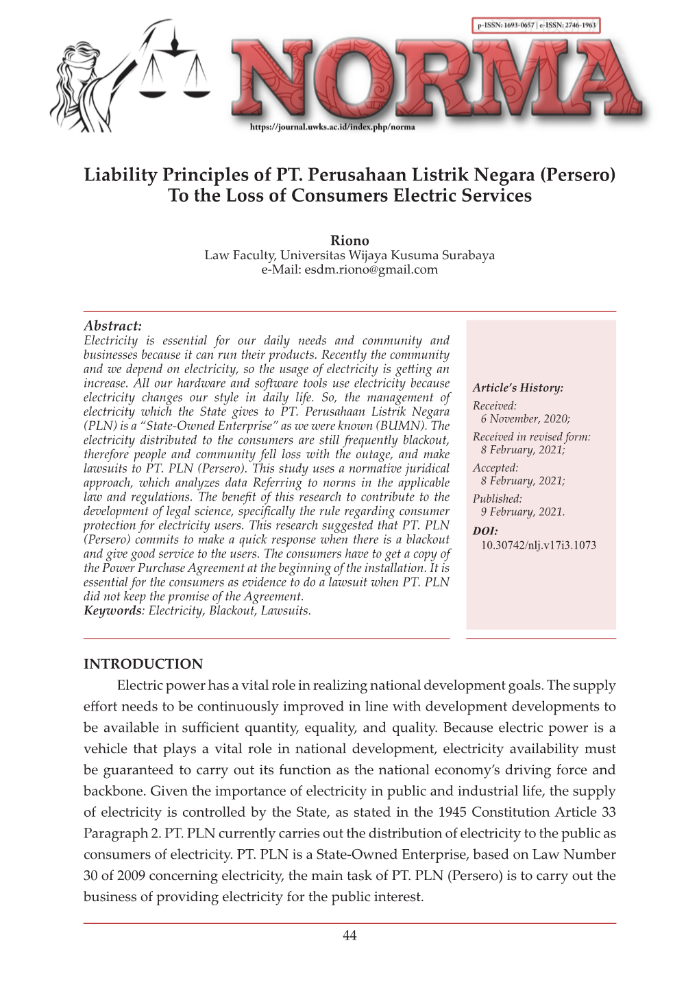 Liability Principles of PT. Perusahaan Listrik Negara (Persero) to the Loss of Consumers Electric Services