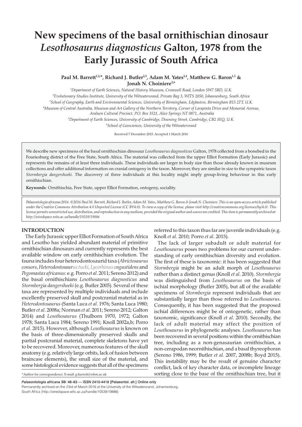 New Specimens of the Basal Ornithischian Dinosaur Lesothosaurus Diagnosticus Galton, 1978 from the Early Jurassic of South Africa