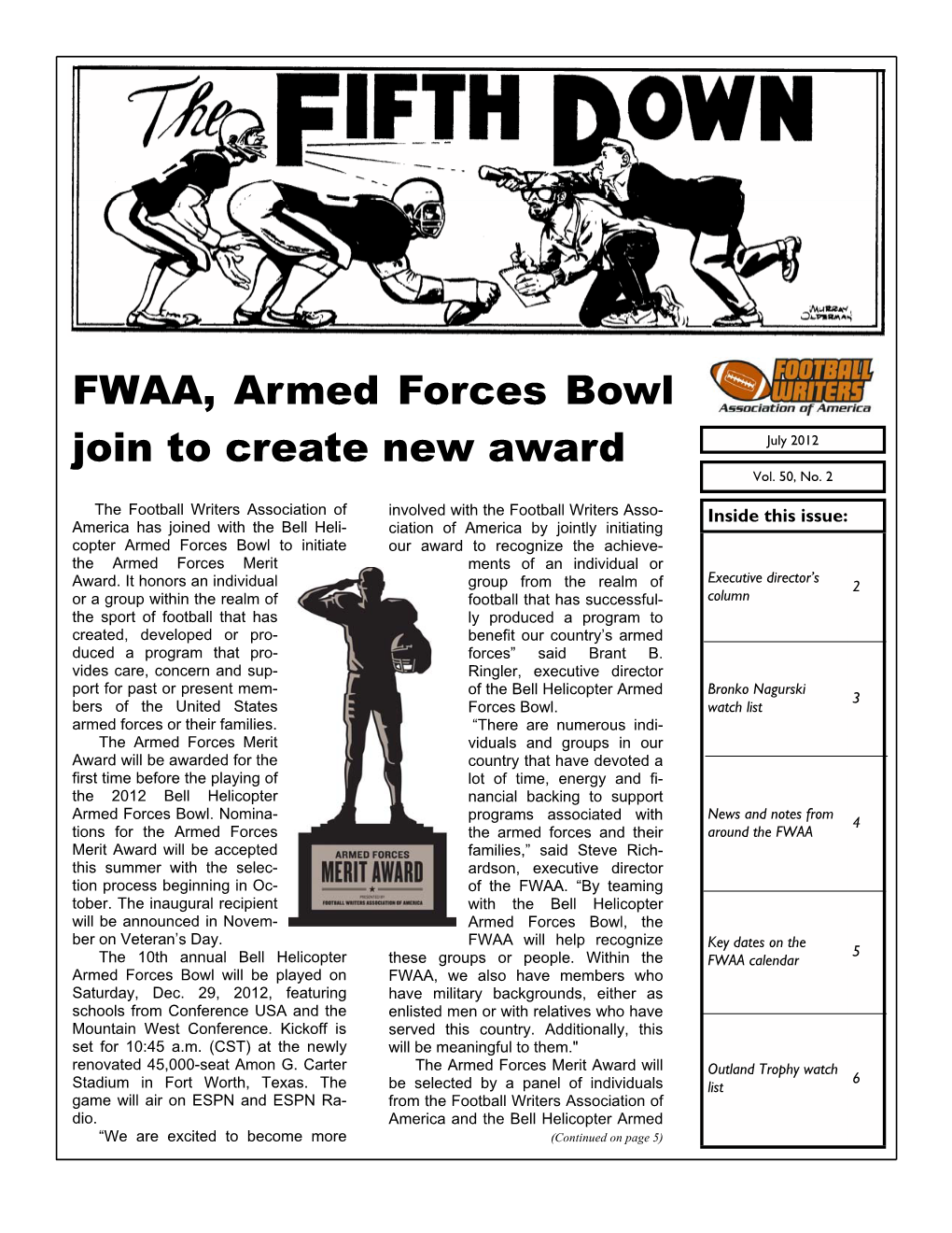 FWAA, Armed Forces Bowl Join to Create New Award July 2012 Vol