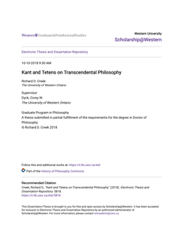 Kant and Tetens on Transcendental Philosophy
