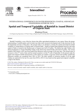 Spatial and Temporal Variability of Rainfall in Anand District of Gujarat