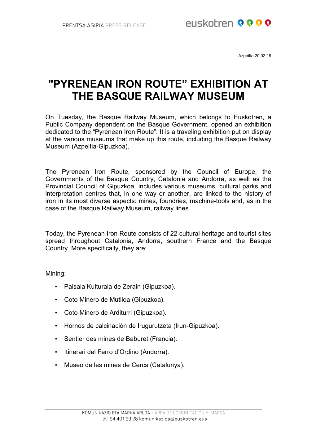 Pyrenean Iron Route” Exhibition at the Basque Railway Museum