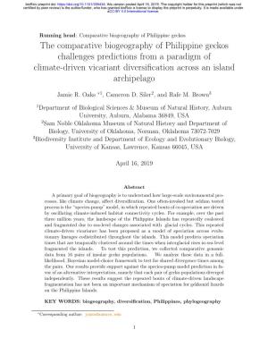 The Comparative Biogeography of Philippine Geckos Challenges Predictions from a Paradigm of Climate-Driven Vicariant Diversiﬁcation Across an Island Archipelago