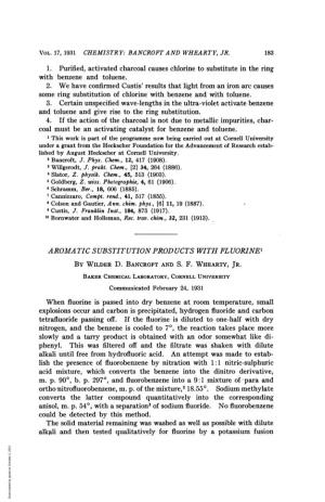 Alksli and Then Tested Qualitatively for Fluorine by a Potassium Fusion Downloaded by Guest on October 2, 2021 184 CHEMISTRY: BANCROFT and WHEARTY, JR